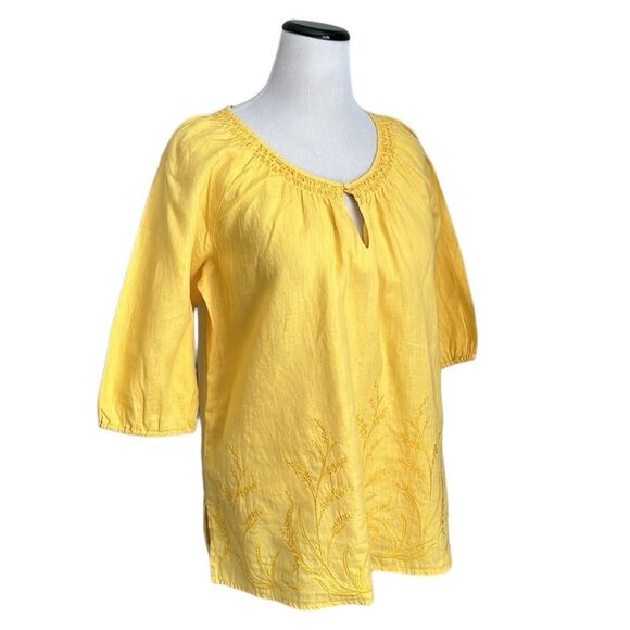 Charter Club Women’s Yellow Embroidered Boho Peasant Style Linen Top Size 16 - Picture 3 of 11